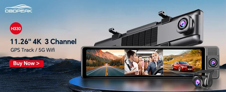 A black OBDPeak H330 4-channel 4K dash cam with a 11.26 inch touchscreen displaying a road scene.