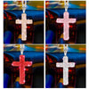 Four images of a stainless steel rhinestone cross pendant hanging from a chain, shown in various colors and close-up views.