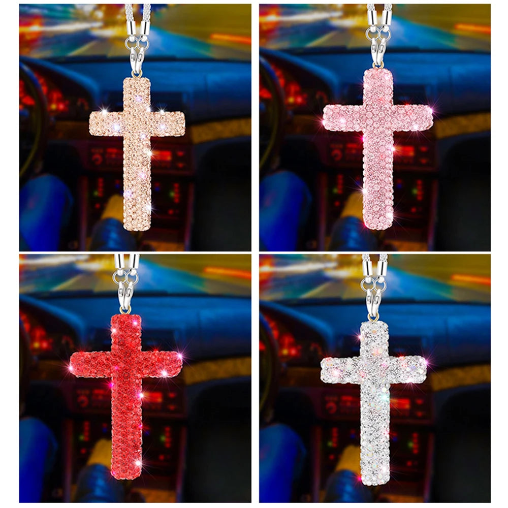 Four images of a stainless steel rhinestone cross pendant hanging from a chain, shown in various colors and close-up views.