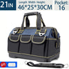 A dark blue and black heavy-duty tool organizer bag with multiple pockets and a carrying strap.