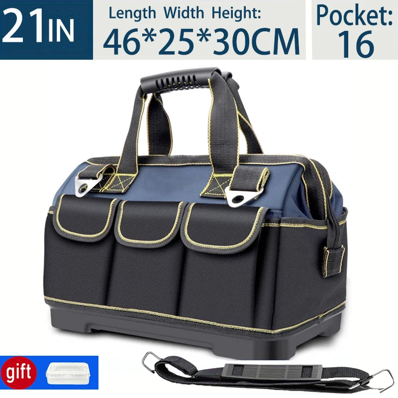 A dark blue and black heavy-duty tool organizer bag with multiple pockets and a carrying strap.