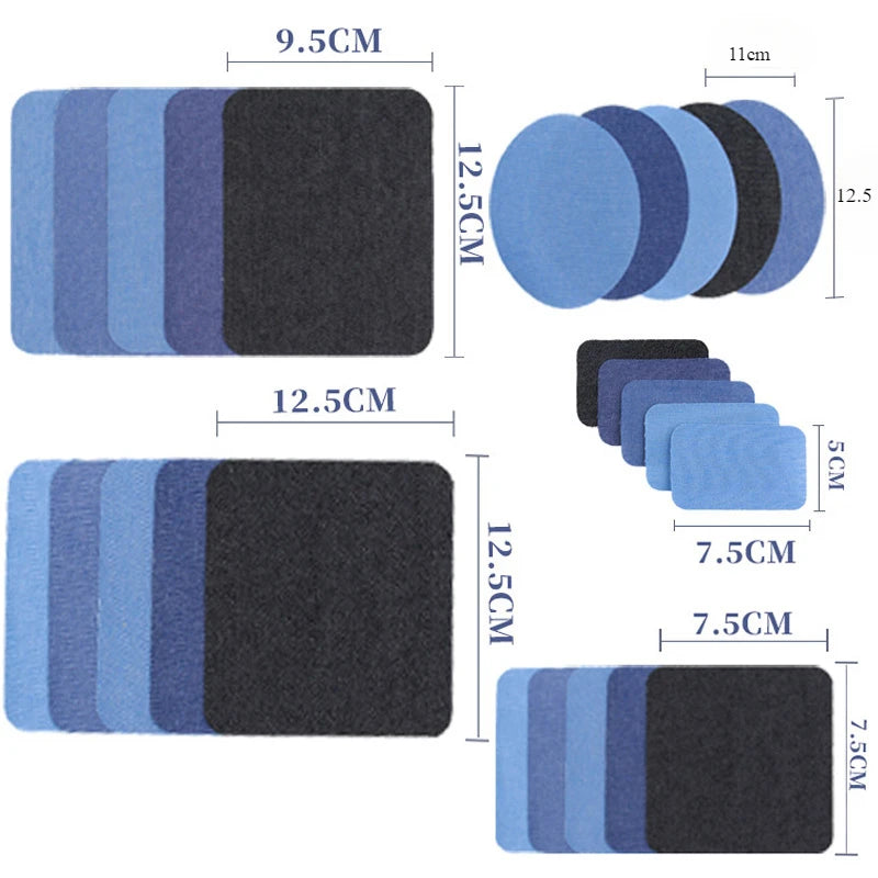 A set of iron-on patches featuring various shades of blue and black fabric for denim repair and decoration.