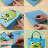 A felt animal sewing craft kit showing various steps of making a green frog character.