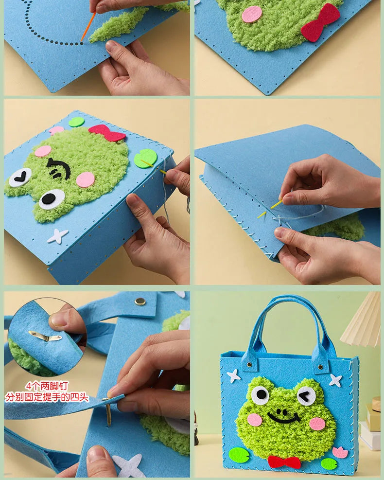 A felt animal sewing craft kit showing various steps of making a green frog character.