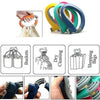 Various colors of ergonomic grocery bag carriers and a hand demonstrating the product's grip.