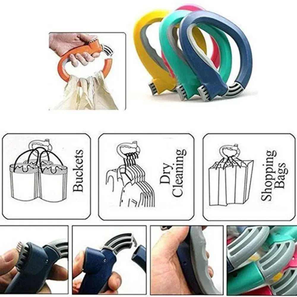 Various colors of ergonomic grocery bag carriers and a hand demonstrating the product's grip.