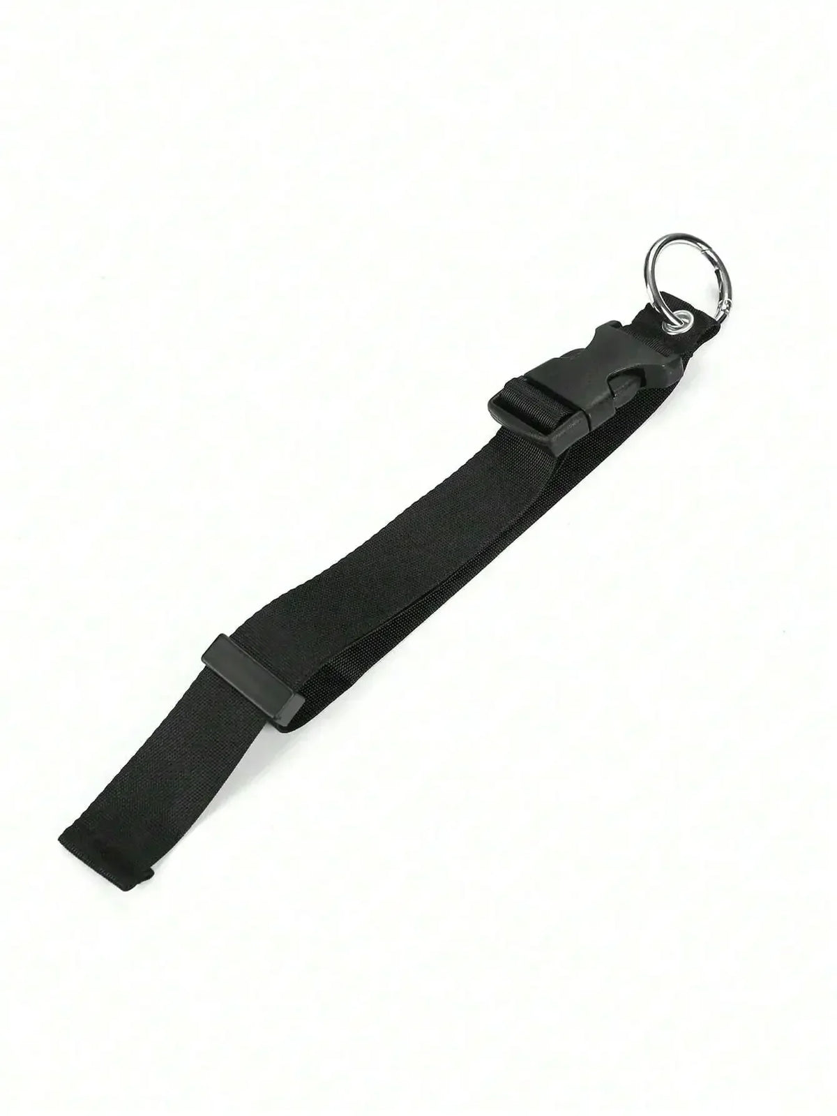 Black durable polyester luggage strap with a metal ring and buckle for securing items.