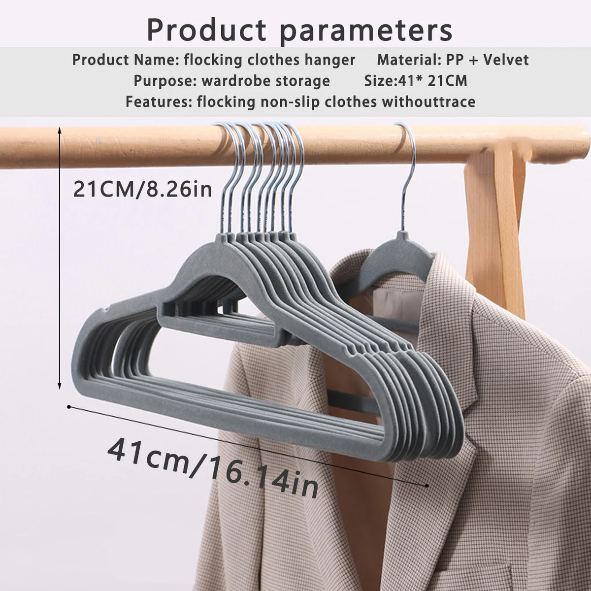 A gray plastic hanger is shown hanging on a wooden rod, demonstrating its size and use for clothing storage.