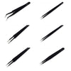 A set of six precision anti-static tweezers shown in various angles against a white background.