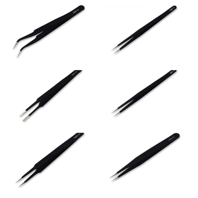 A set of six precision anti-static tweezers shown in various angles against a white background.