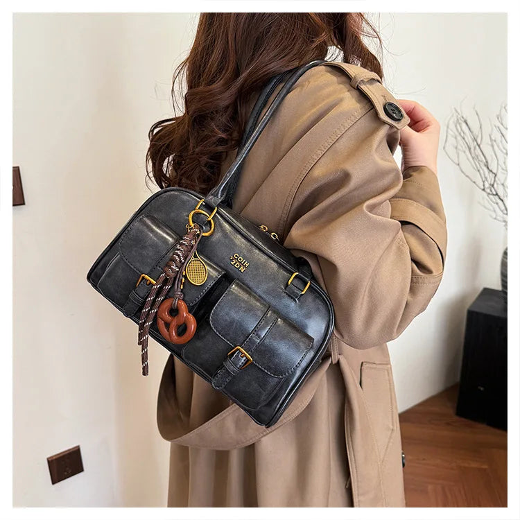 Women's Retro PU Leather Shoulder Bag with Multiple Pockets & Detachable Charm