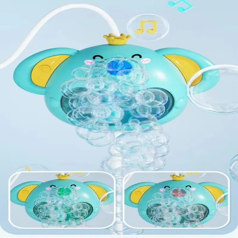 A light blue elephant water spray bath toy for kids with a yellow crown and clear water bubbles.