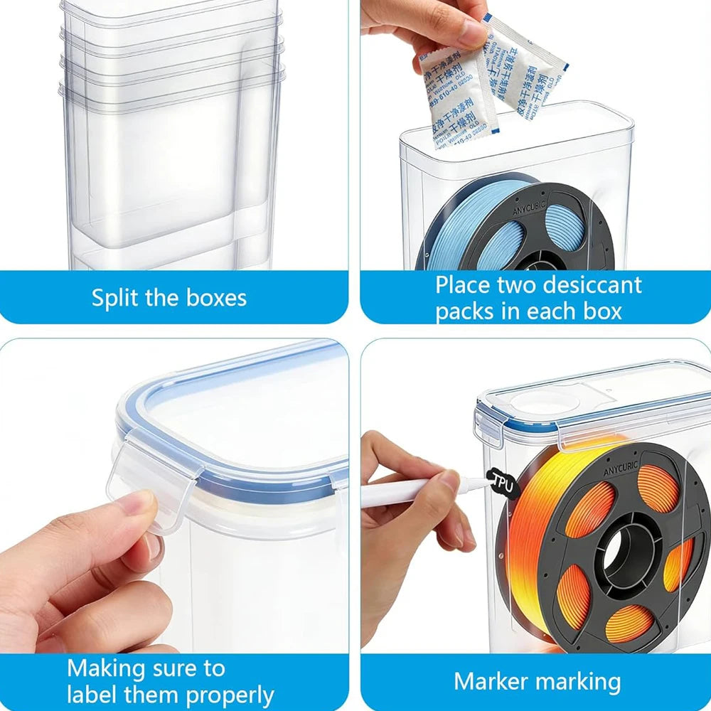 Instructions showing how to split boxes, place desiccant packs, label filament, and mark boxes for storage.