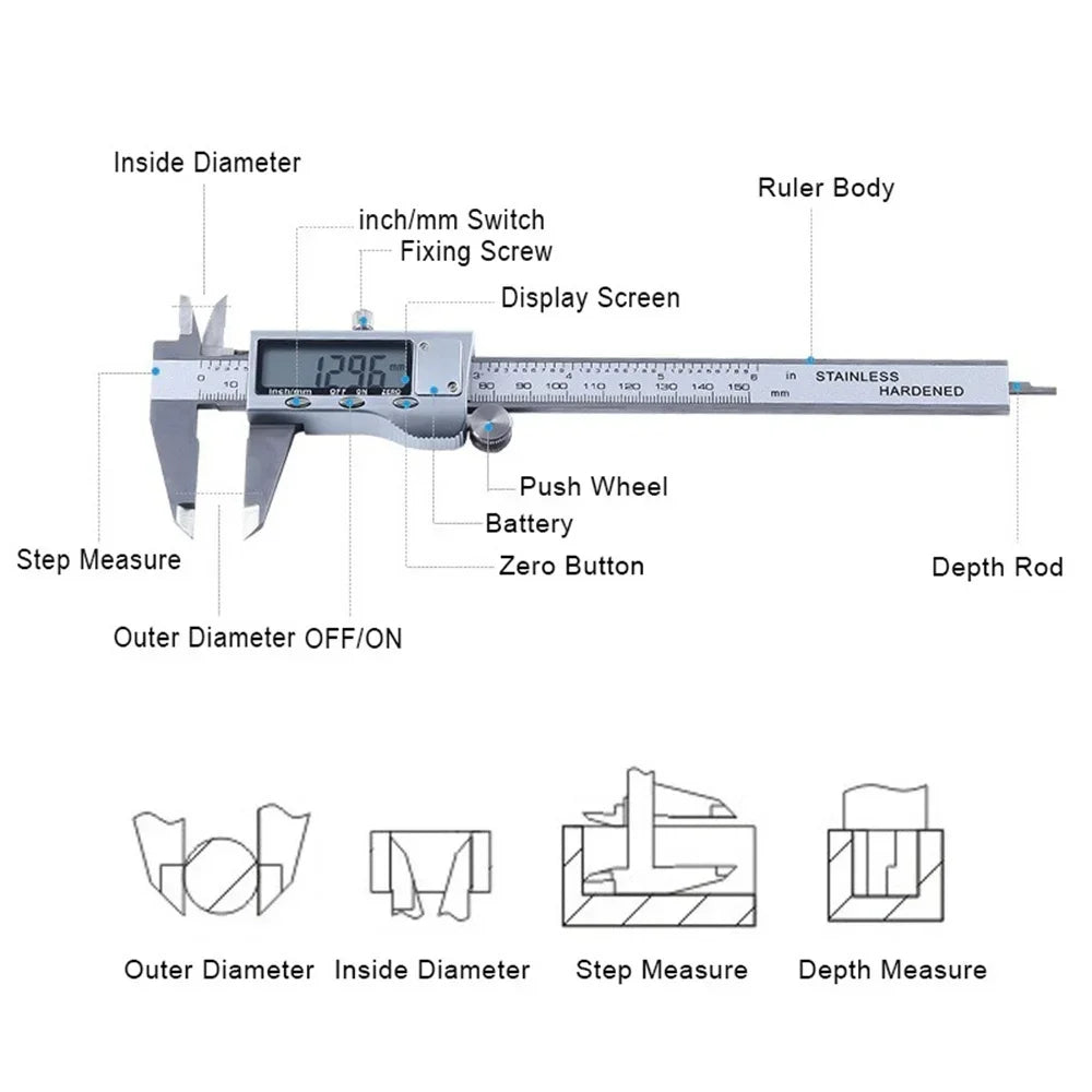 Digital Vernier Caliper 6-Inch with Large LCD Display