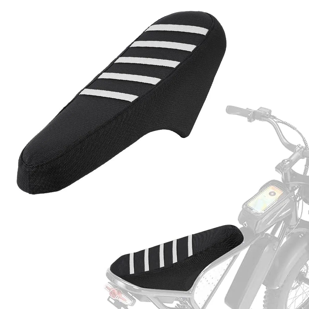 Black motorcycle seat cover with white anti-slip stripes installed on a motorcycle seat.