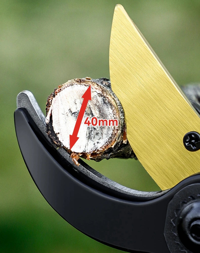 Close-up of precision pruning shears showing a cross-section of wood with a 40mm measurement mark on the blade.