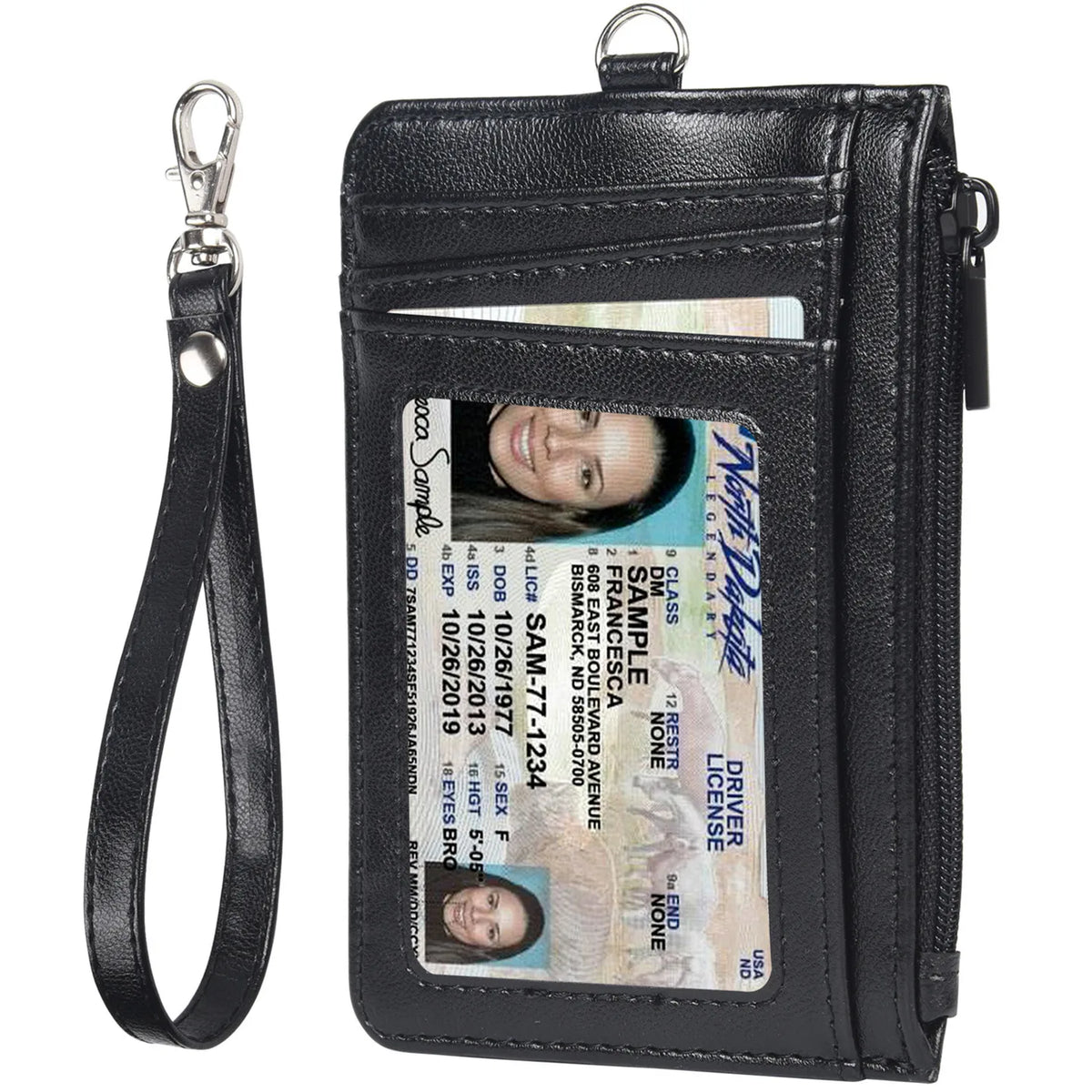 Premium PU Leather Badge Holder with Zipper and Lanyard