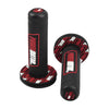A black universal motorcycle handlebar grip with a red and white patterned rubber pad.