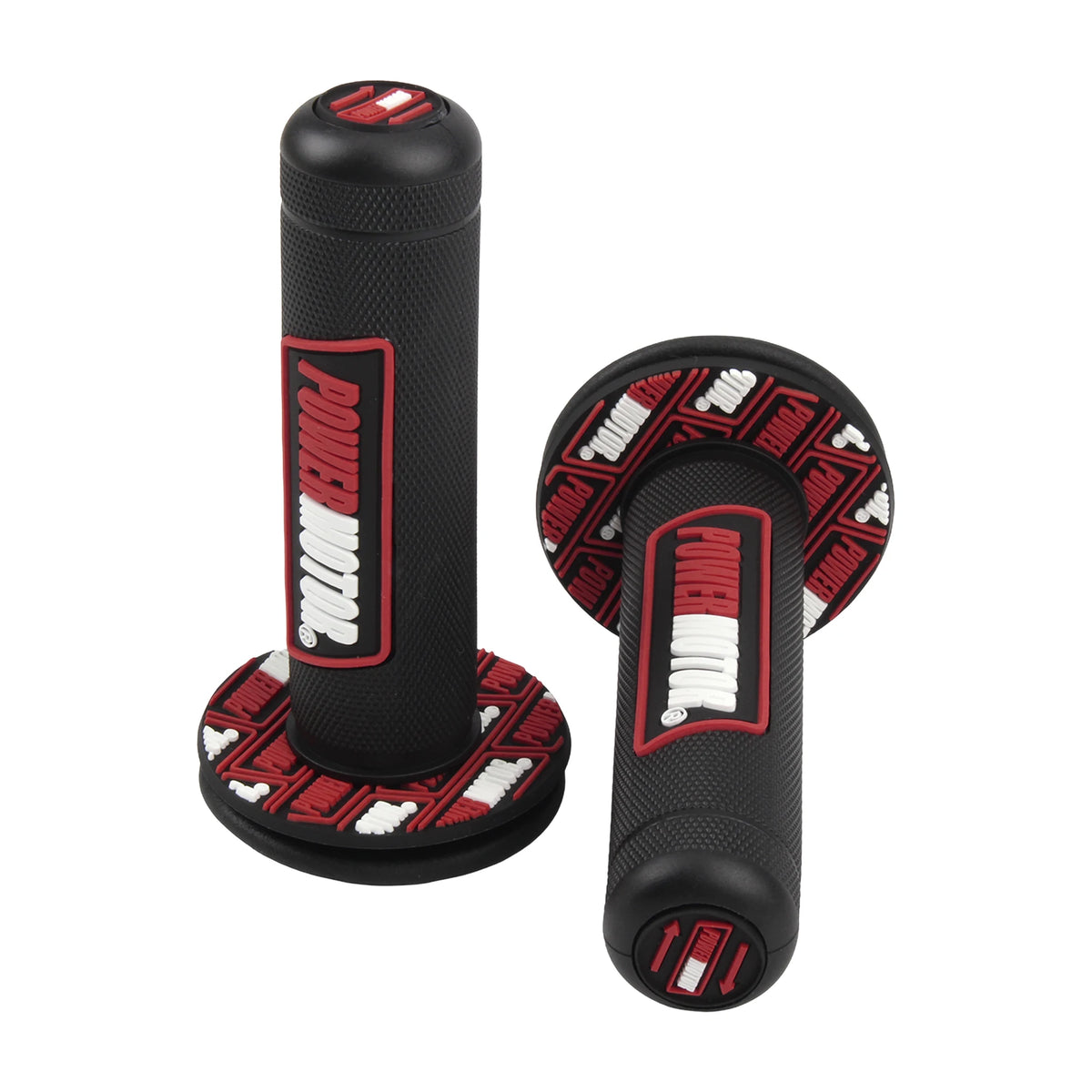 A black universal motorcycle handlebar grip with a red and white patterned rubber pad.