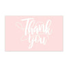 A pink card with white cursive text that reads Thank you
