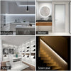 A collection of interior lighting products including a kitchenette, mirror, shelf, and staircase featuring modern LED strip l