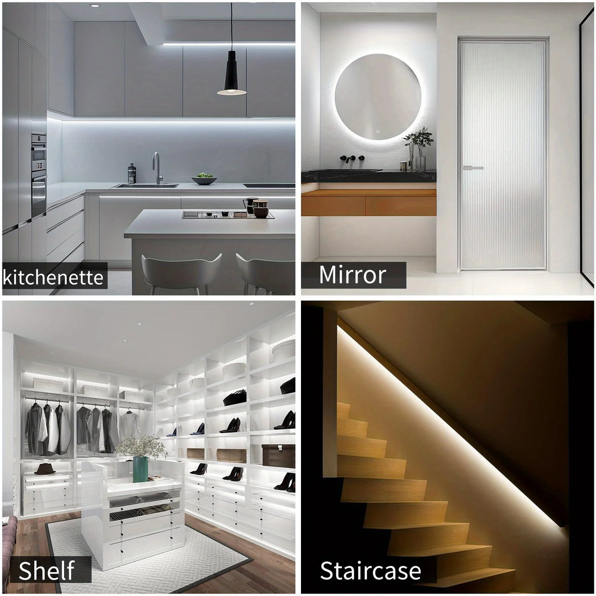 A collection of interior lighting products including a kitchenette, mirror, shelf, and staircase featuring modern LED strip l
