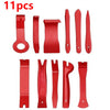 A set of 11 red auto trim removal tools and accessories displayed individually.