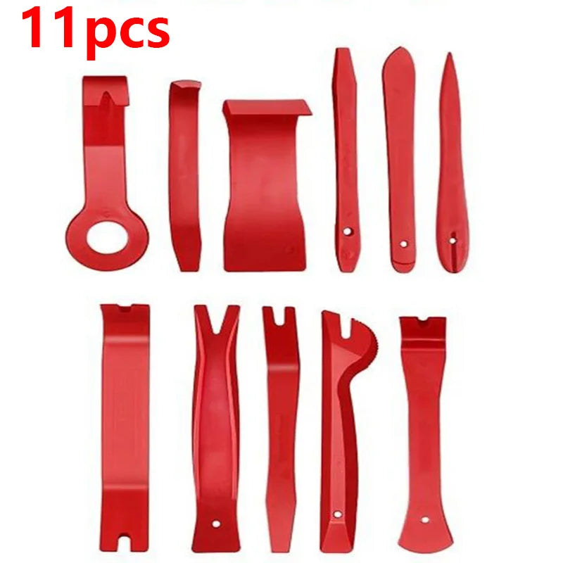 A set of 11 red auto trim removal tools and accessories displayed individually.