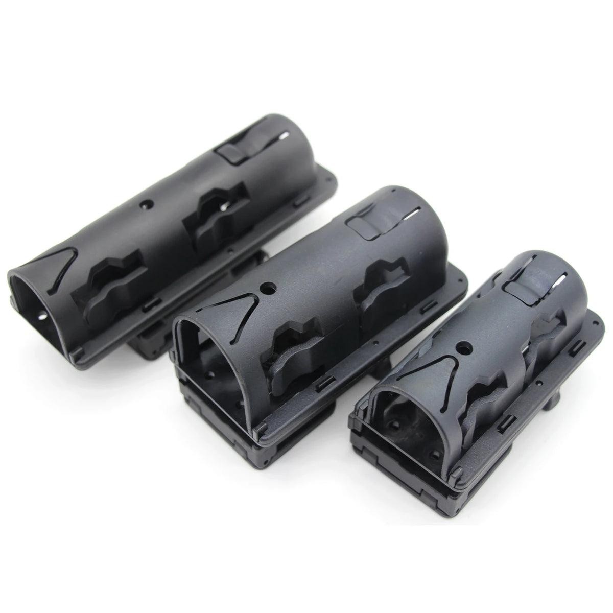 Black tactical duty belt holder with a rotating mechanism for securing equipment.