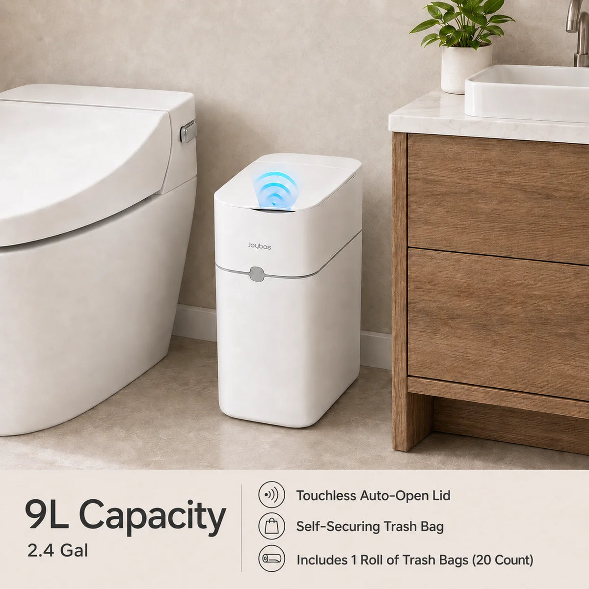 A white motion sensor trash can with a lid and a self-securing trash bag sitting on a wooden cabinet.