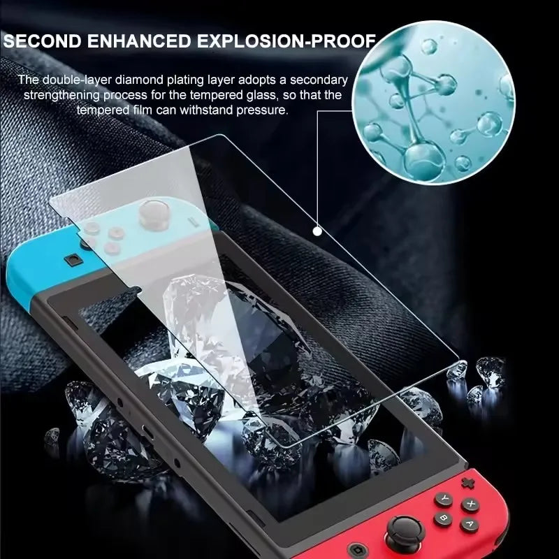 A close-up of a smartphone displaying a tempered glass screen protector, emphasizing its explosion-proof layering technology.