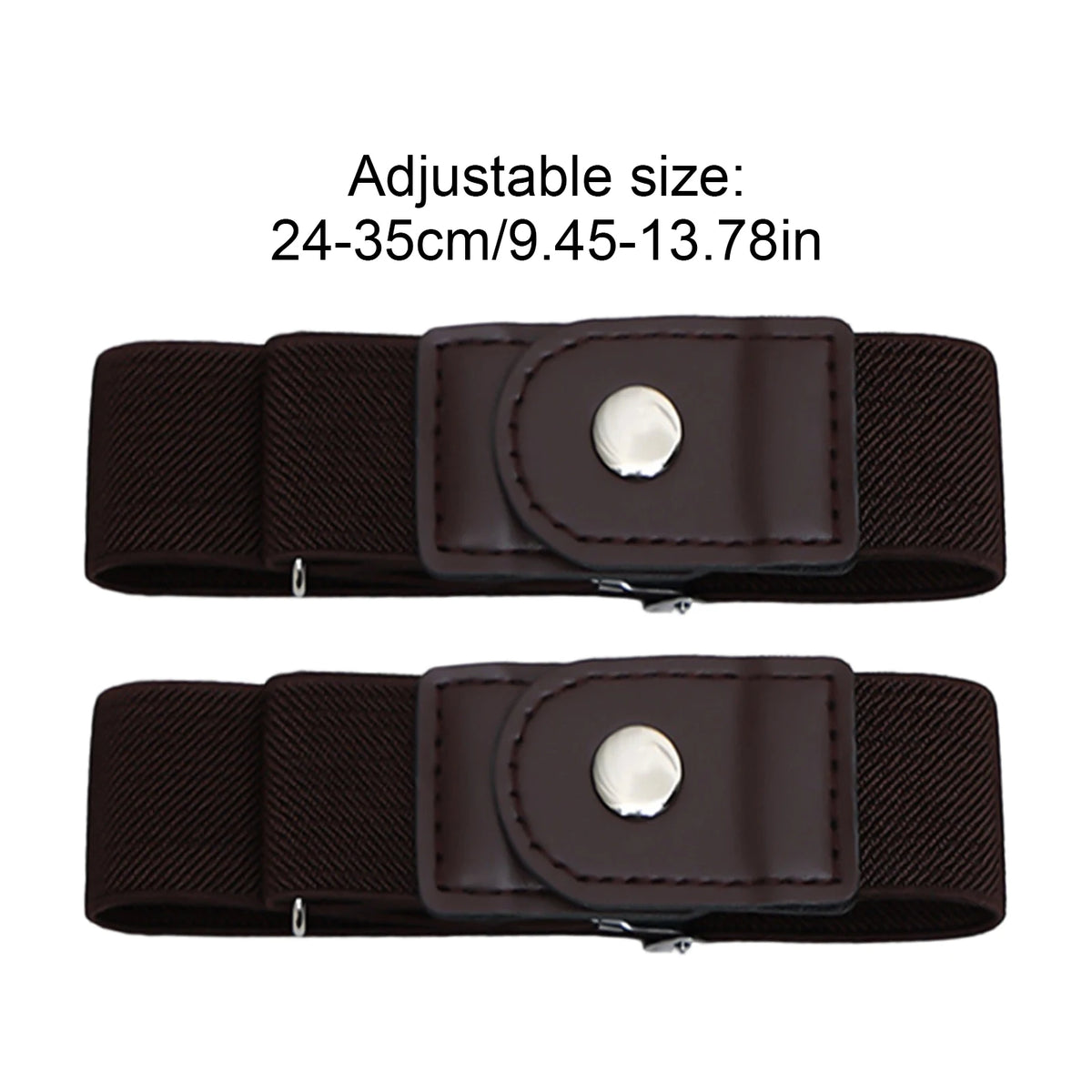 A pair of adjustable elastic belts in dark brown color shown flat.