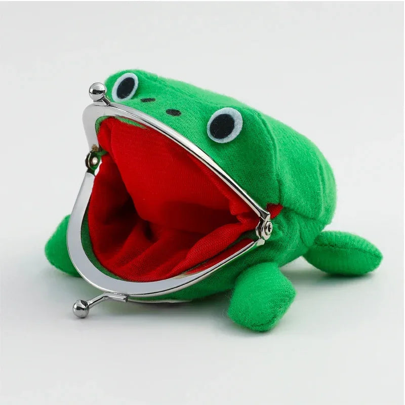 A green plush frog coin purse with a red mouth opening, shown from the side.