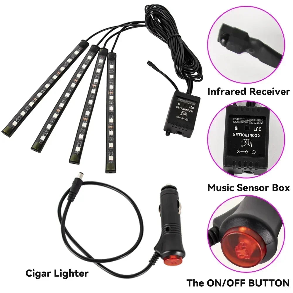 Set of infrared receiver, music sensor box, cigar lighter, and an on/off button for RGB car underglow strip lights