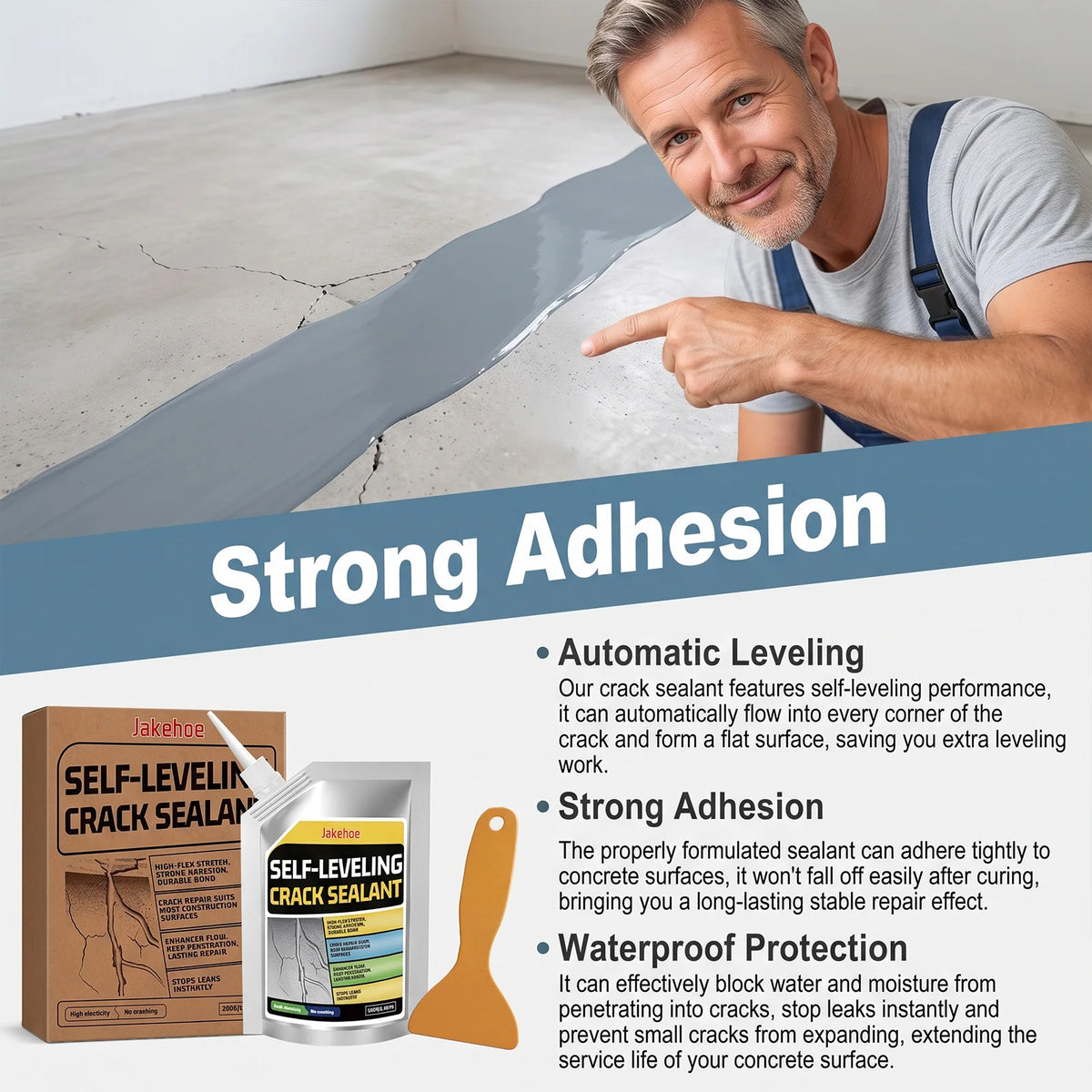 A man points to a crack in concrete next to a can of self-leveling crack sealant demonstrating its strong adhesion and waterp
