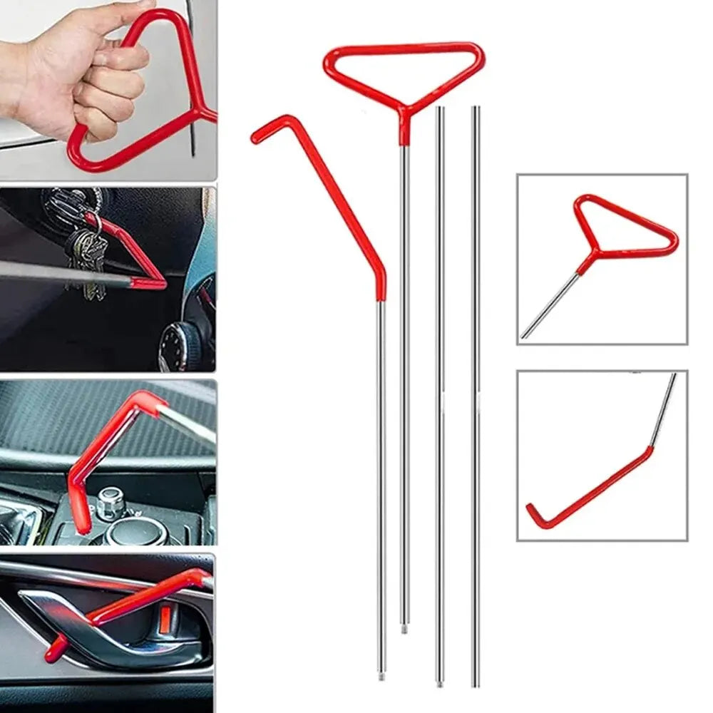 Red emergency car door unlock tool kit with an air wedge and grabber shown in various angles