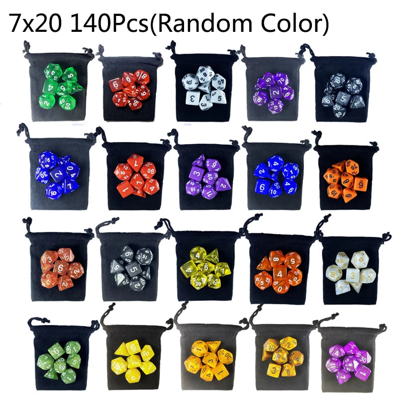 A set of 7 random colored polyhedral dice stored in individual black fabric bags.