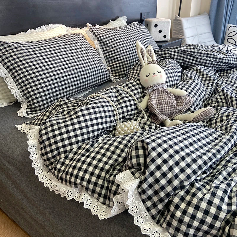 Lace Trim Plaid Duvet Cover Set with Pillowcases