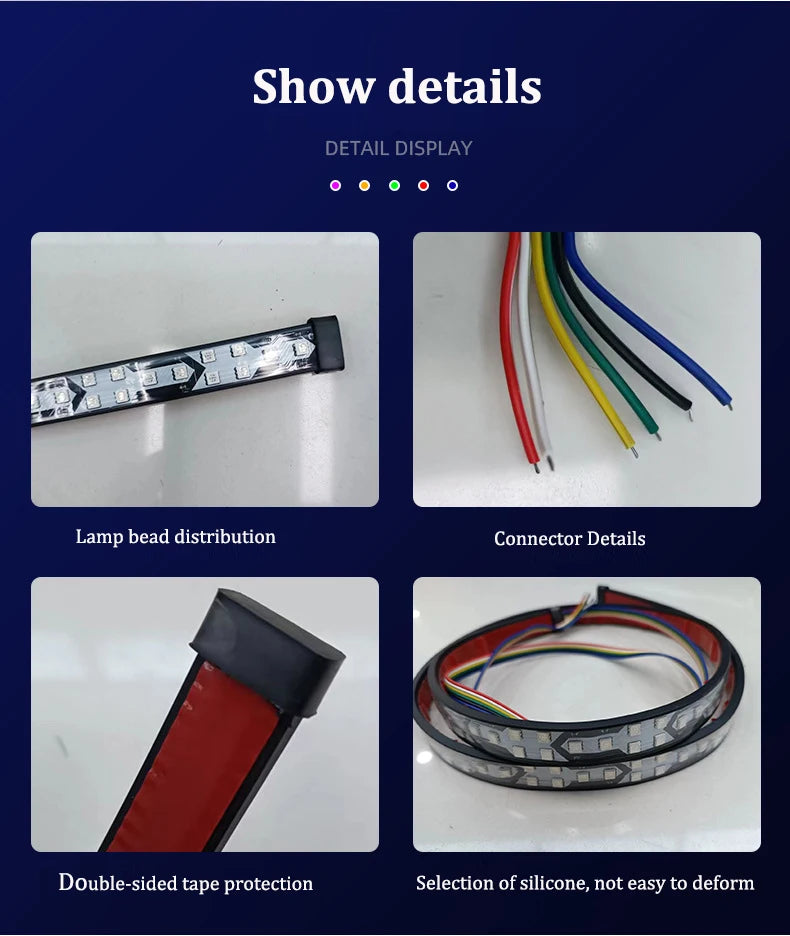 Show details of an RGB LED tailgate light bar, showing lamp bead distribution, connector details, double-sided tape protectio