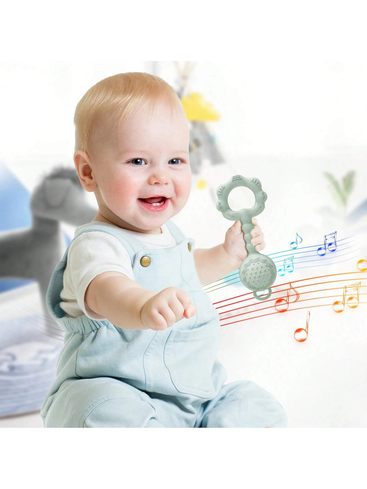 Silicone Baby Rattle and Teether Set with Suction Base