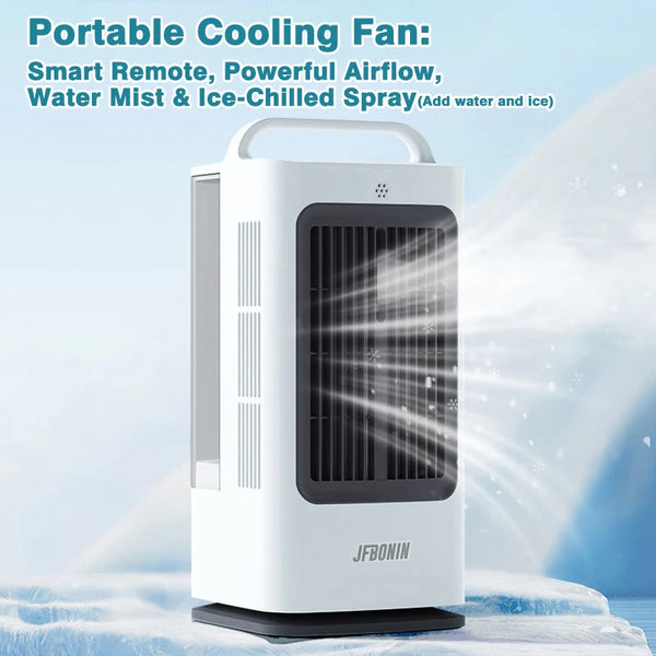 Ventilador portátil blanco con rejilla, sobre una superficie, contra un fondo nevado.