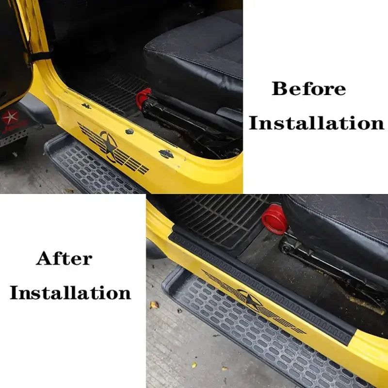 Comparison showing black rubber door sill guards installed on a yellow Jeep Wrangler interior.