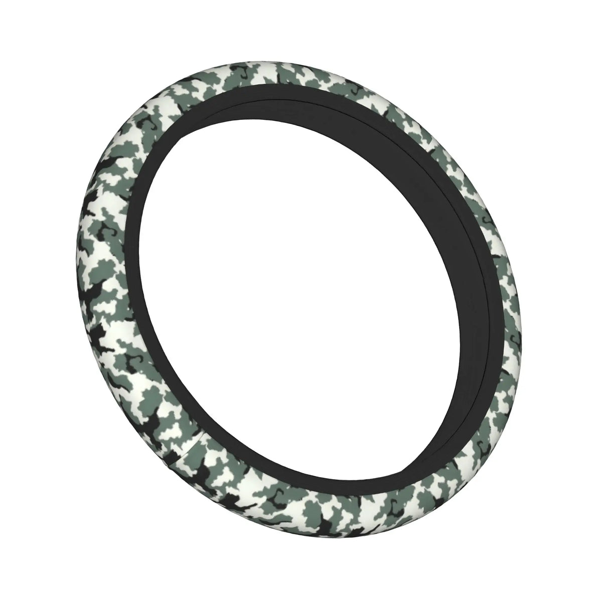 A black steering wheel cover with a camouflage pattern.