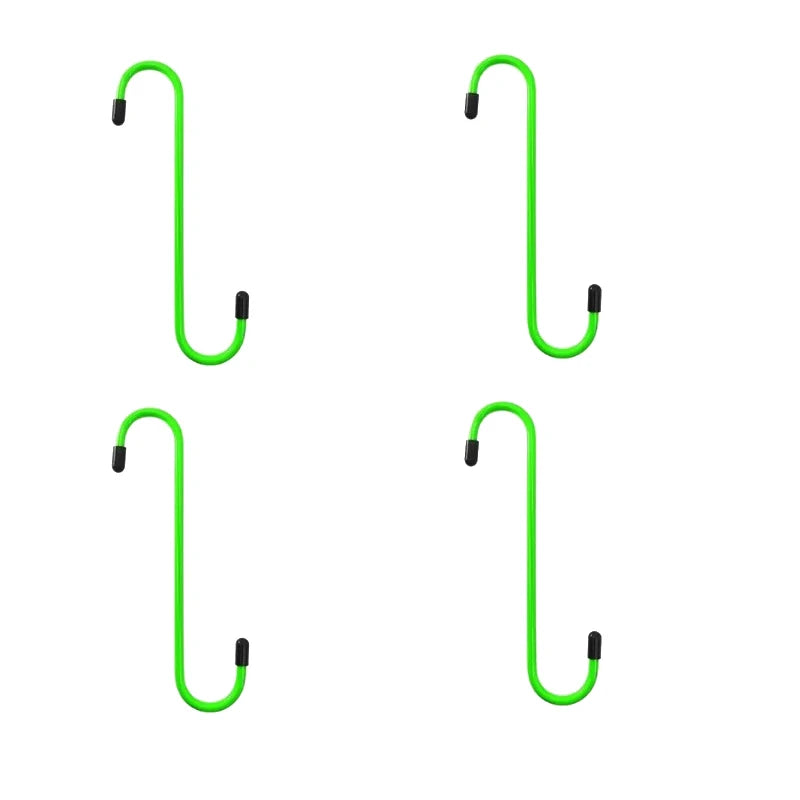 Four bright green S-hook brake caliper hangers for auto repair