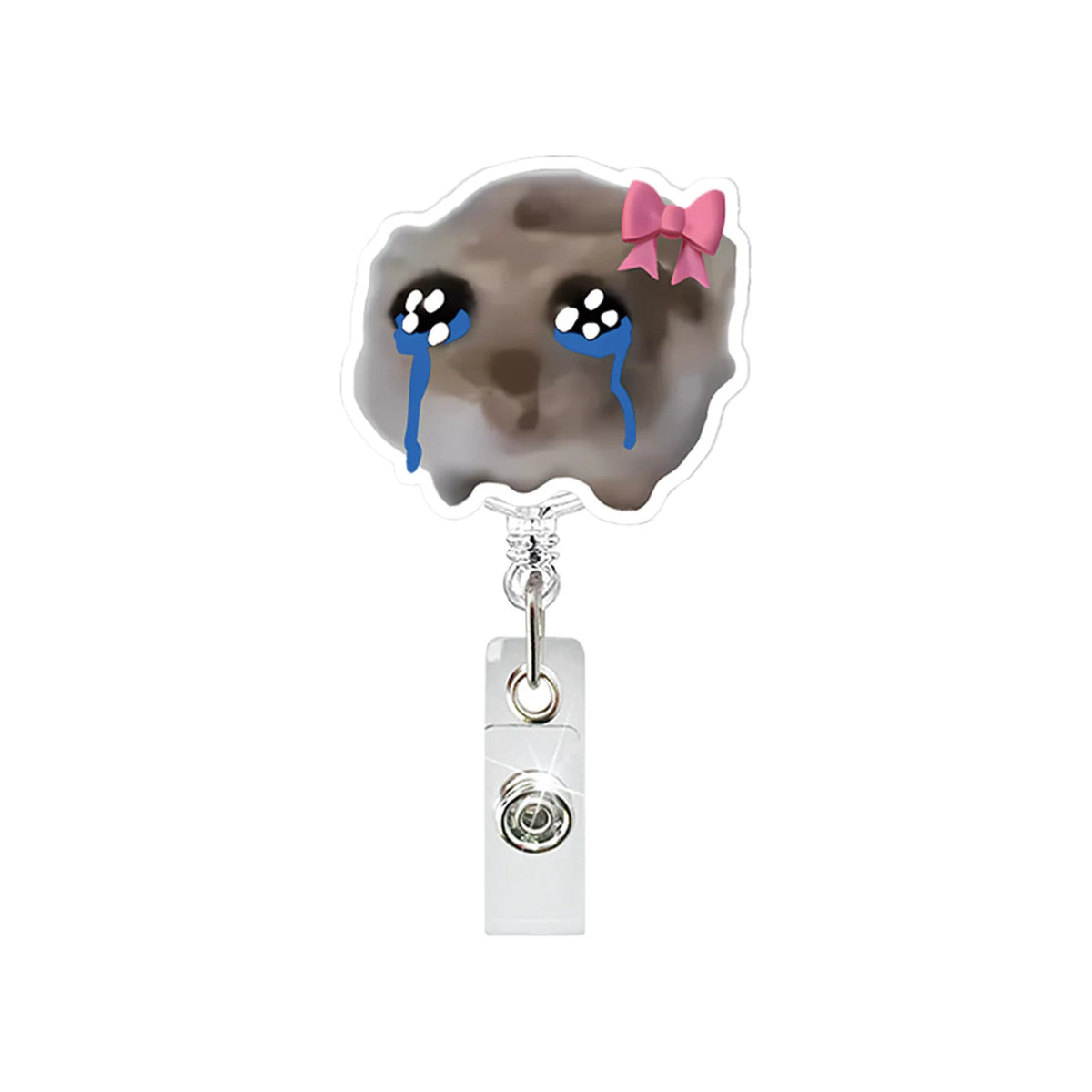 A cute hamster face charm on a clear acrylic badge reel with an alligator clip.