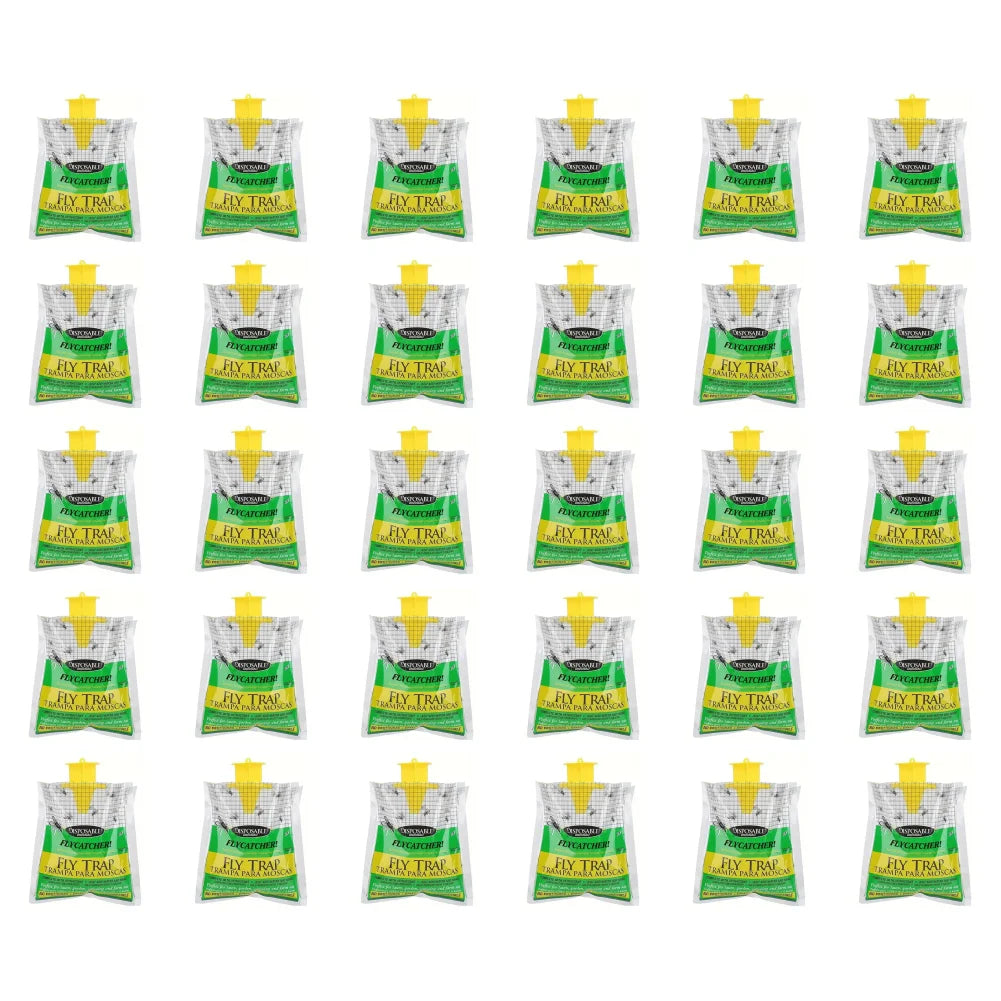 A grid of various hanging fly trap bags with bait for outdoor insect catching.