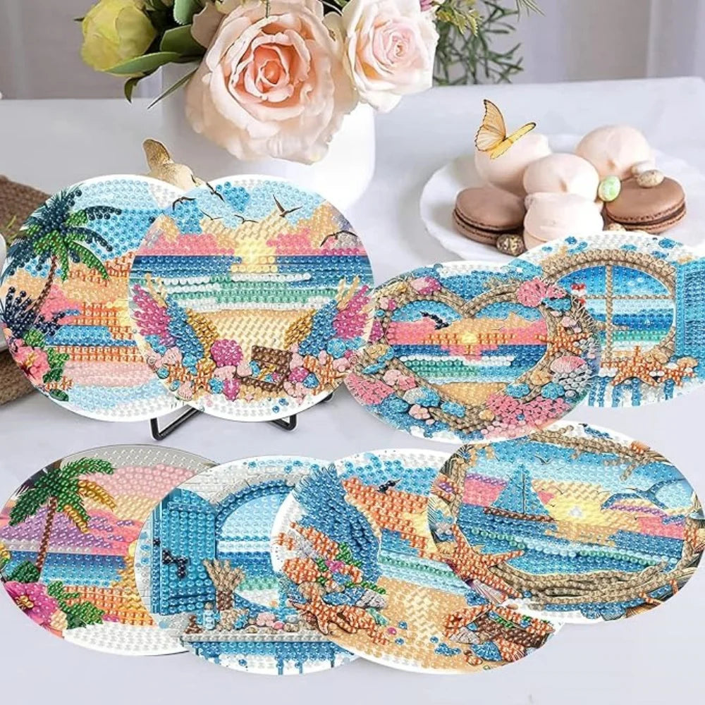 DIY Diamond Art Coaster Set with Holder – 8 Acrylic Coasters for Home Decor and Gifting