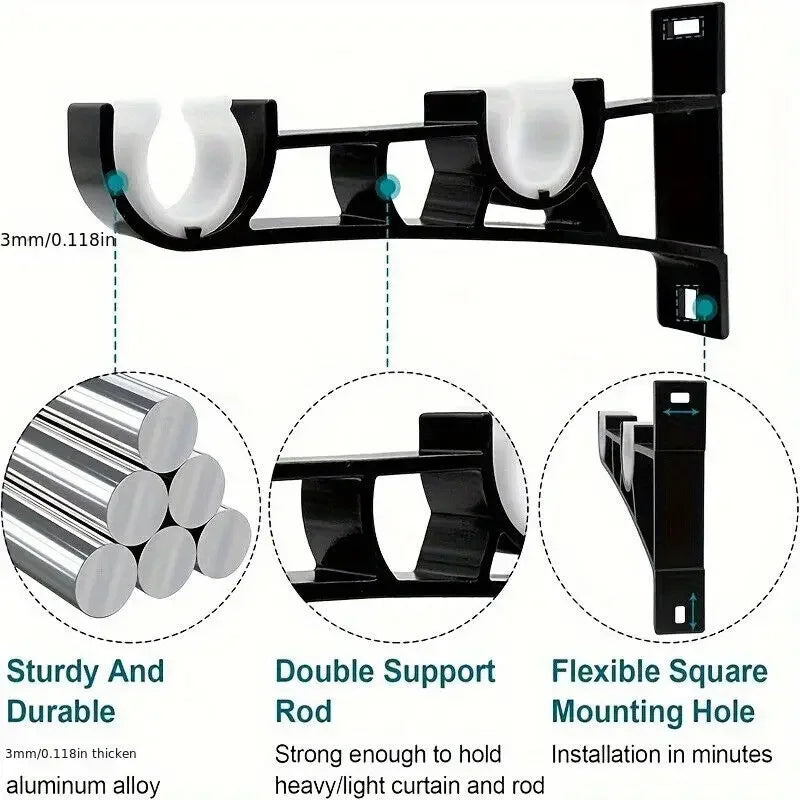 Black aluminum curtain rod brackets for durable and reliable installation.