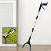 A black and silver foldable grabber tool with blue handles is shown against a white wall.