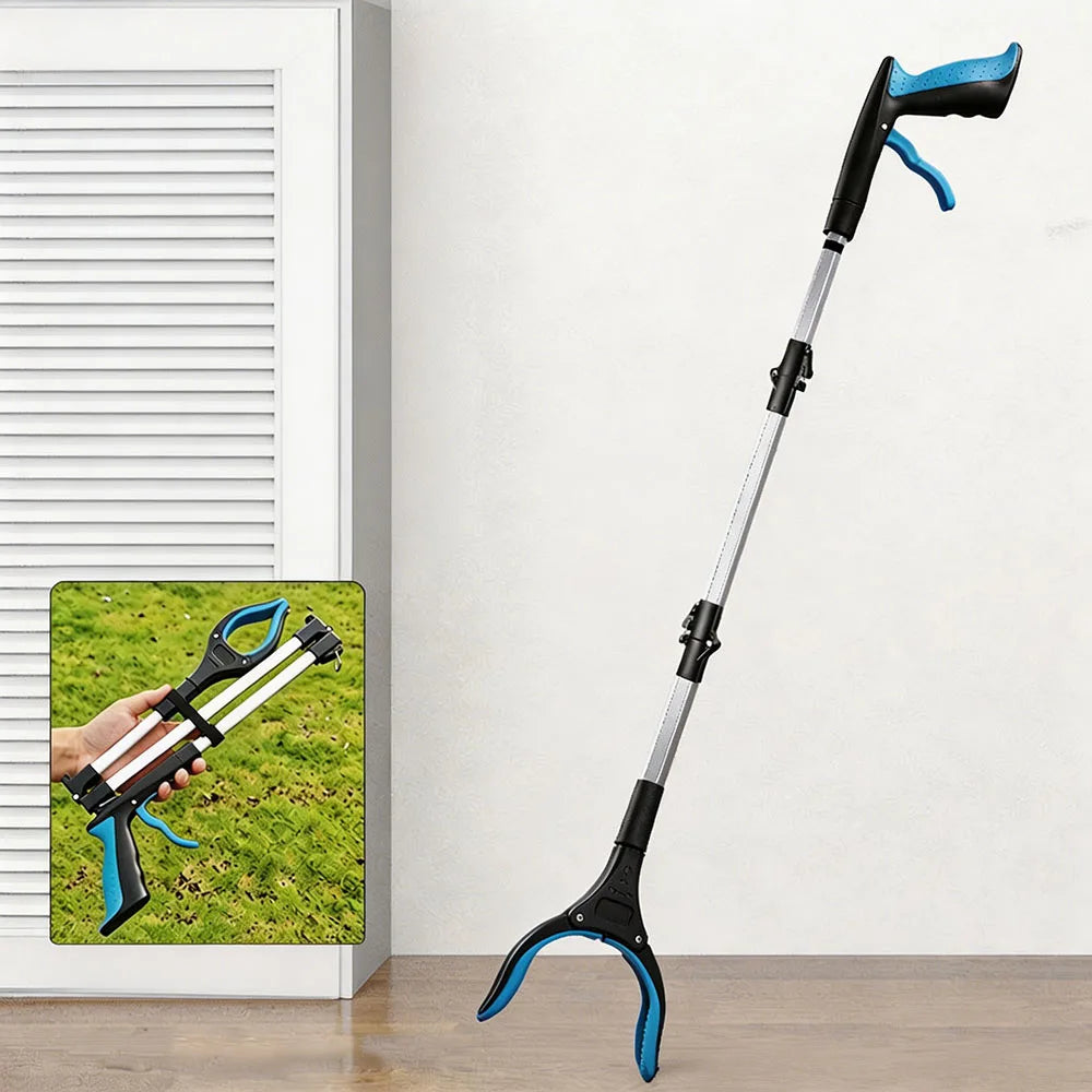 A black and silver foldable grabber tool with blue handles is shown against a white wall.